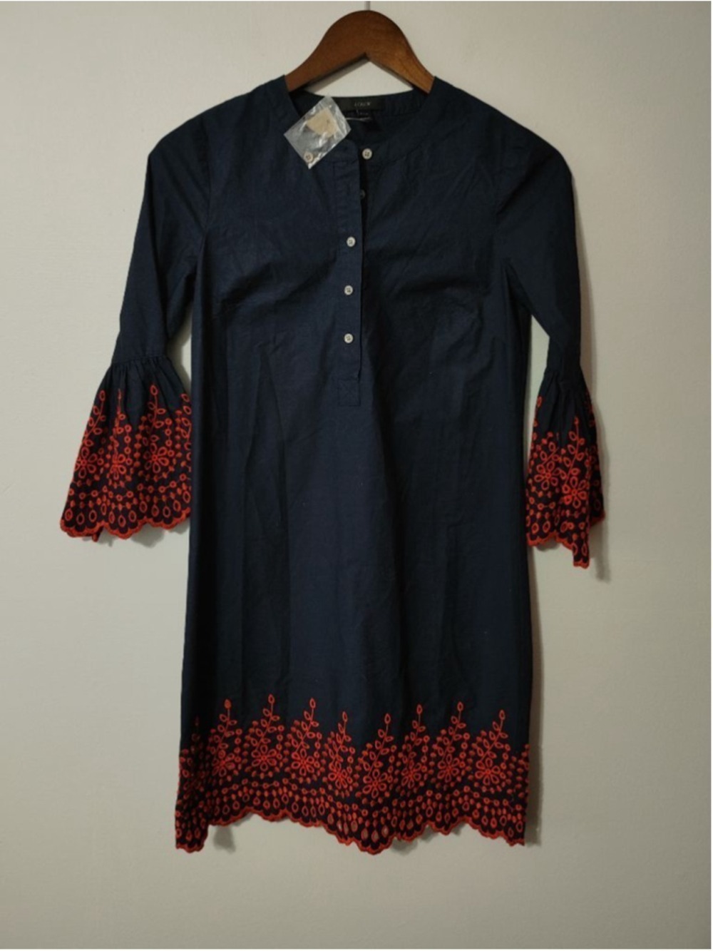 New Women's J.Crew Petite Navy Cotton Red Embroidered Mini Dress XXSP